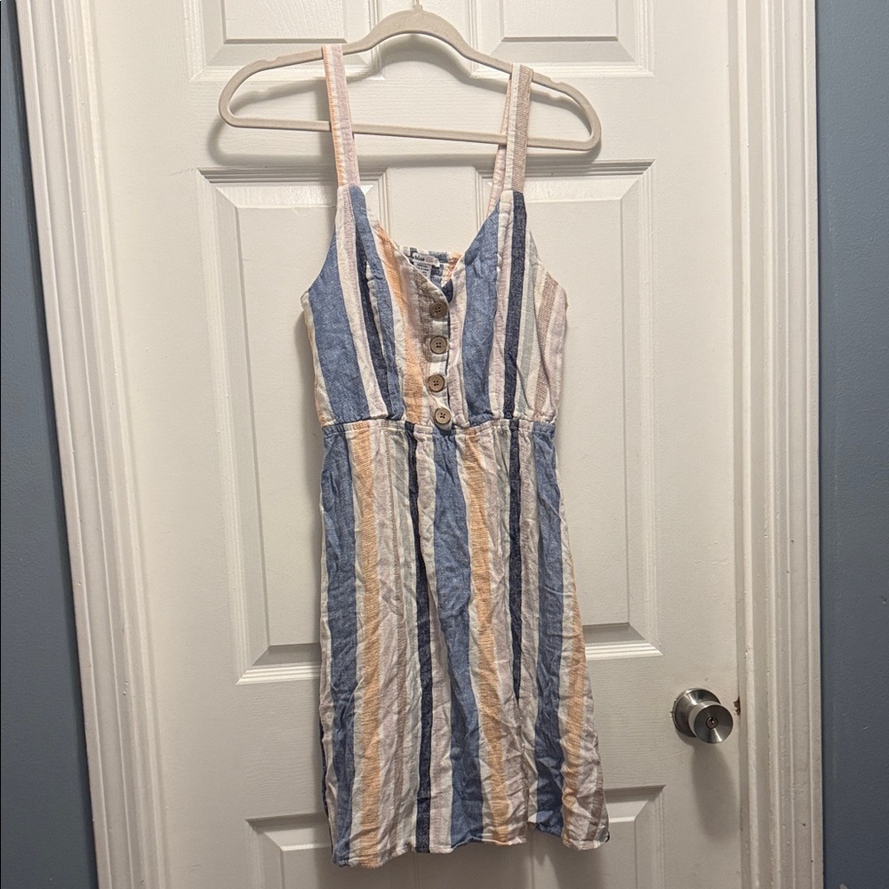 Stylish Striped Midi Dress in Blue, White, and Tan